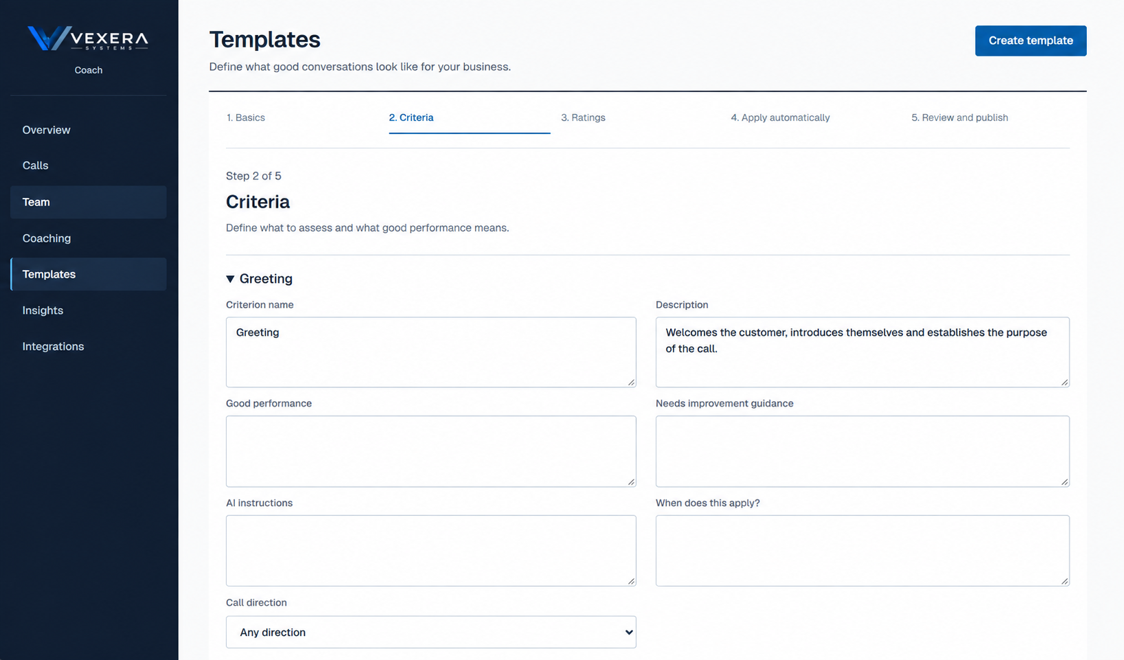 Detail of the Coach template editor showing a criterion name, description and fields for good and poor performance expectations.