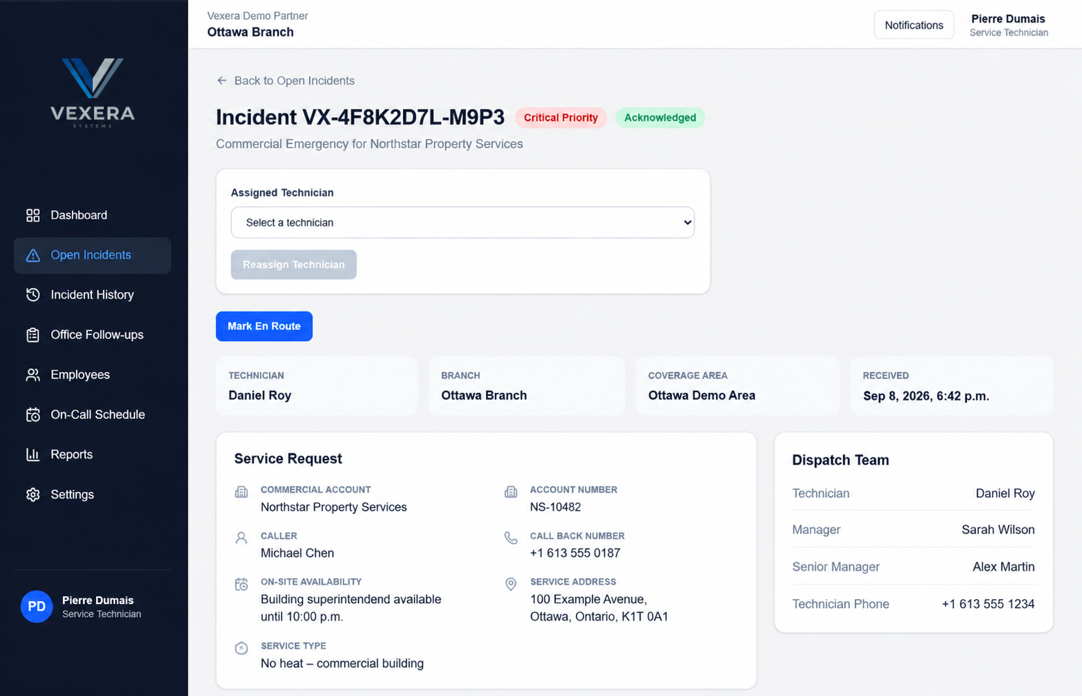 Vexera Dispatch incident showing critical priority, acknowledged status, assigned technician, branch, coverage area, received time, service request, caller and callback information, service address and dispatch team.