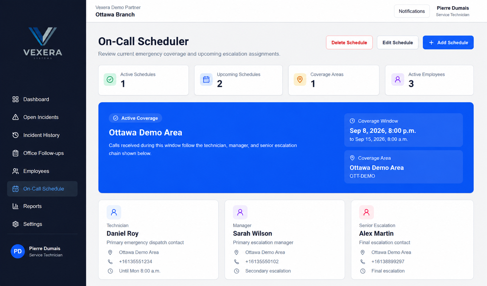 Vexera Dispatch On-Call Scheduler showing active and upcoming schedule counts, coverage window and area, technician, manager and senior escalation responsibility.